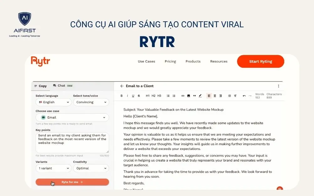 Công cụ tạo Content Viral - Rytr