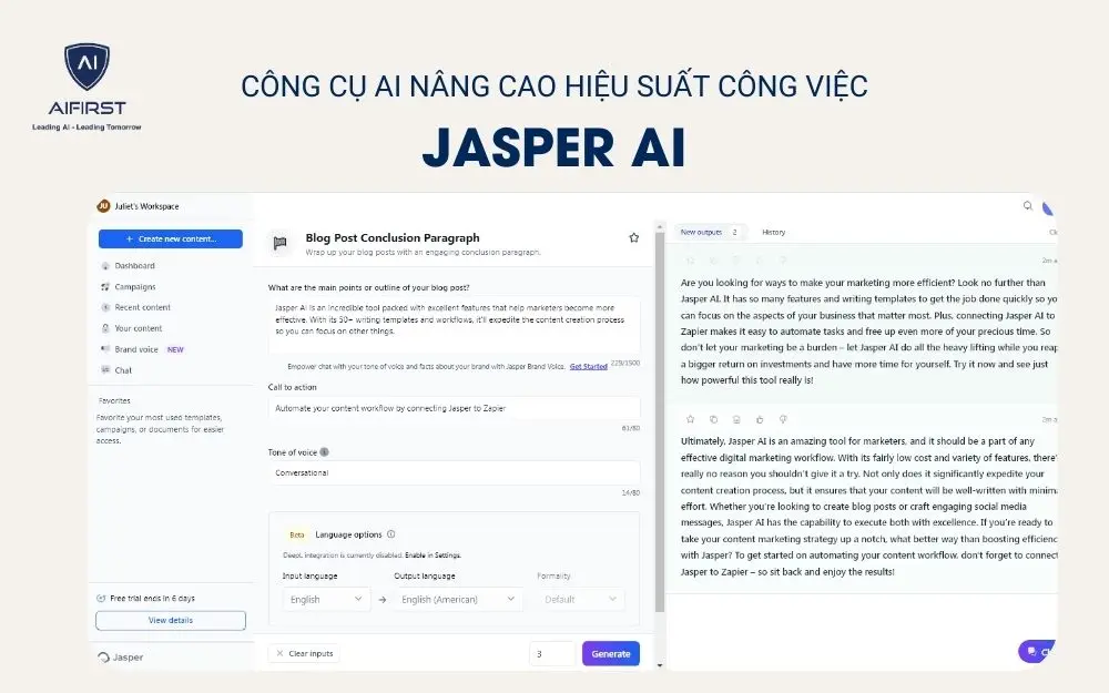 Công cụ AI nâng cao hiệu suất công việc - Jasper AI